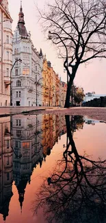 Beautiful city buildings reflecting in water at sunset.