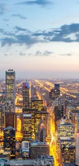 A breathtaking city skyline at dusk with twinkling lights and a tranquil sky.