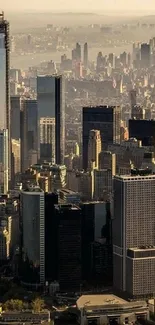 City skyline with skyscrapers at sunset.