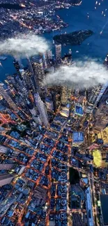 Aerial view of a bustling cityscape at night with glowing skyscrapers and blue sky.