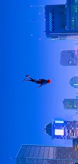 Superhero flying through futuristic cityscape wallpaper.