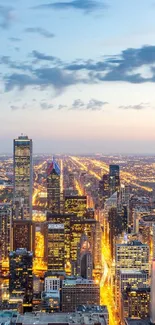 City skyline at dusk with glowing lights and a vibrant sky.