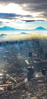 Aerial view of cityscape at dusk with mountains and dramatic skies.