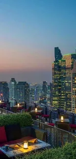 Evening cityscape view with skyline, lights, and rooftop.