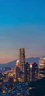 Beautiful cityscape at dusk with sparkling city lights against a twilight sky.