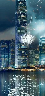 City skyline with fireworks lighting up the night sky over a reflective waterfront.