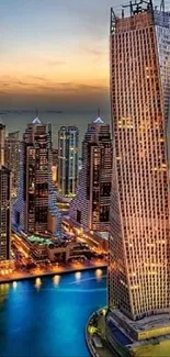 City skyline at night with illuminated skyscrapers and a vibrant harbor.