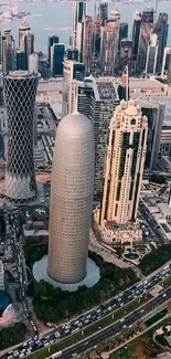 Aerial view of a vibrant modern cityscape with towering skyscrapers.