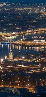 A breathtaking cityscape illuminated at night with glowing lights and serene waterways.