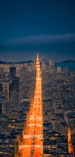 City night view with glowing streets and skyline in vibrant orange and blue hues.