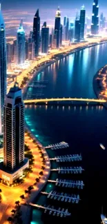 Illuminated cityscape with skyscrapers at night.