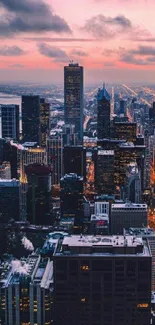 A radiant cityscape with glowing lights under a pink and orange sunset sky.