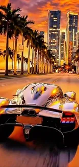 Supercar driving through cityscape at sunset with palm trees and skyscrapers.