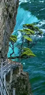 Cliffside path with trees and ocean waves background.