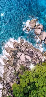 Aerial view of rocky coastline with vibrant blue ocean and greenery.