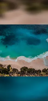 Aerial view of a serene beach with turquoise waters and white sand.