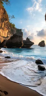 Coastal beach scene with cliffs and ocean waves at sunrise.