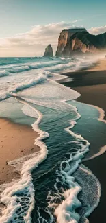 Beautiful coastal beach scene with waves and cliffs in the background.