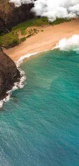 A stunning aerial view of a tranquil beach and turquoise sea.