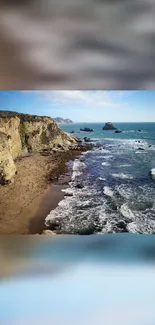 Coastal beach view with waves and cliffs under a clear blue sky.