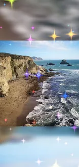 Coastal beach with cliffs and sparkling sea beneath a colorful sky.