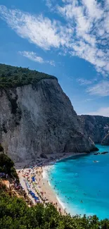 A picturesque view of azure waters beside a dramatic cliffside beach, under a clear blue sky.