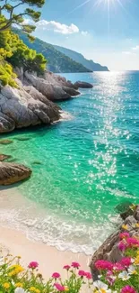 Vibrant coastal beach with turquoise water and colorful flowers under a sunny sky.