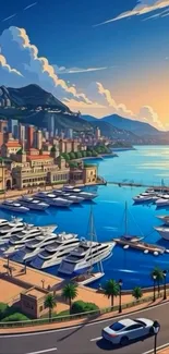 Illustrated coastal city with yachts and sunset.