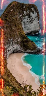 Aerial view of majestic coastal cliff and a pristine turquoise ocean.