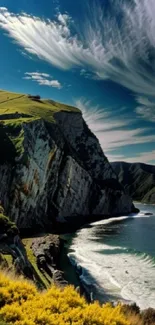 A stunning coastal cliff with vibrant waves and sky.