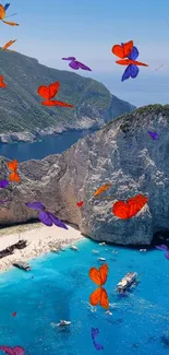 Scenic view of a coastal cliff with clear blue waters and a sandy beach.