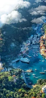 Aerial view of a beautiful coastal harbor with vibrant teal blue waters and green cliffs.