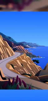 Illustrated landscape with scenic coastal road and mountains.