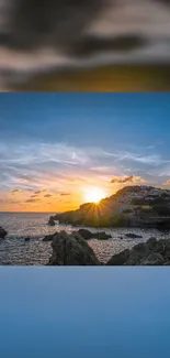 Coastal sunset wallpaper with rocky cliffs, vibrant sky, and serene waves.