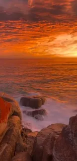 Vibrant orange coastal sunset with ocean view and rocky shore.