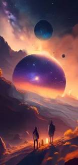 Stunning cosmic art wallpaper with planets and a glowing horizon.