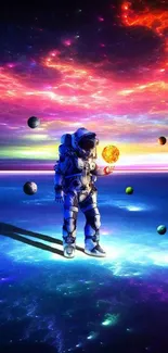 Astronaut standing on colorful cosmic landscape with planets.