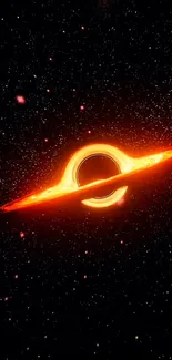 Vibrant cosmic black hole wallpaper with radiant orange and starry background.