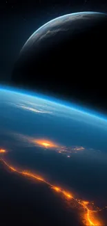 Earth from space with glowing terrain and dark starry background.