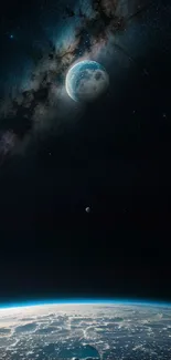 Stunning view of Earth and the Moon with a starry galaxy backdrop.