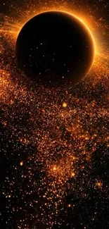 Cosmic eclipse with golden celestial dust.