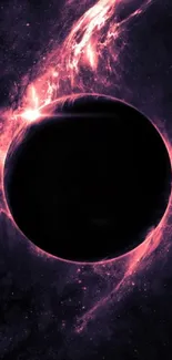 Majestic cosmic eclipse with vibrant purple hues and a dark planet center.