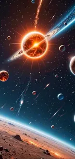 Cosmic explosion wallpaper with planets and stars.