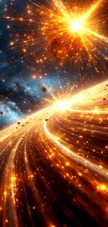 Cosmic explosion art with bright orange flashes.