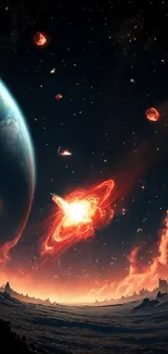 Vibrant cosmic explosion with planets and stars in space wallpaper.