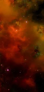 Vibrant cosmic fire wallpaper with orange and red nebula against starry backdrop.