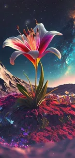 A vibrant flower blooms on a cosmic landscape with stars and a mountain.