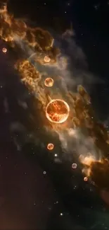 Dark orange galaxy wallpaper with planets.