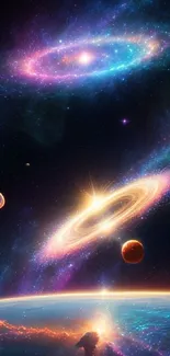 Cosmic galaxy wallpaper with vivid planets.