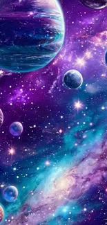 Colorful cosmic scene with planets and stars.